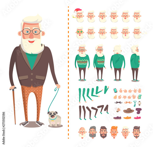 Senior man vector, emoticons and emoji old person walking dog and holding. Animated character, constructor, male parts of body and facial expressions, grandparent with a beard
