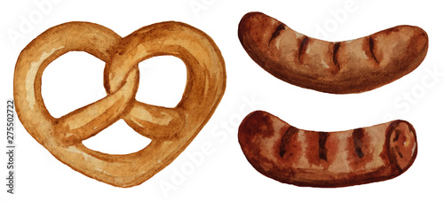 sausages to beer and pretzel, oktoberfest elements. watercolor illustration for design of posters, cards
