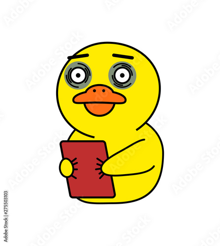 Korean messenger app, kakao talk duck sticker vector. Animal image for chat, scared or tired funny bird, message exchange application interface element