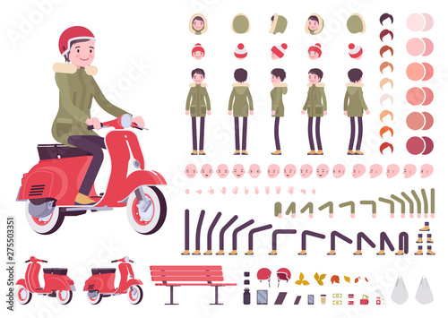 Parka woman construction set, young girl wearing warm windproof jacket with hood, cold weather city kit, male outfit creation elements to build own design. Cartoon flat style infographic illustration