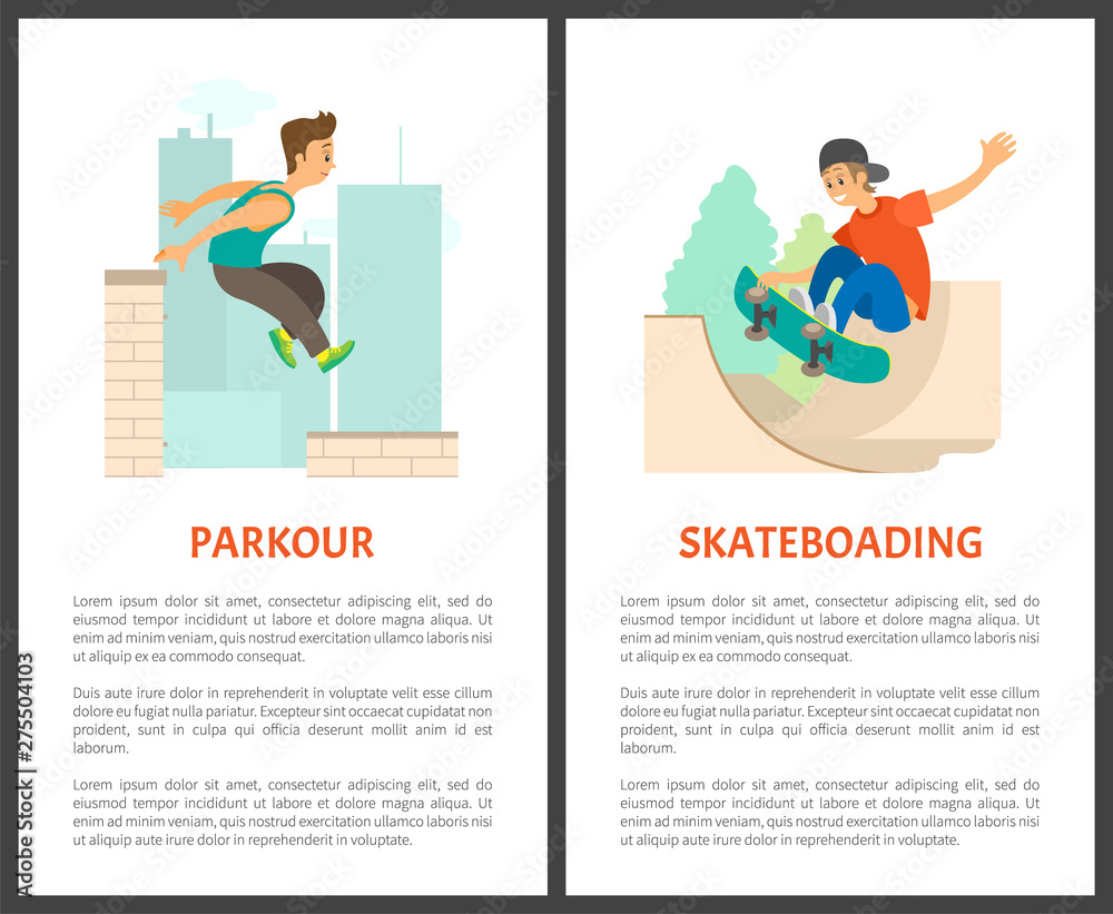 Parkour in city urban lifestyle of male vector, skateboarding person wearing cap. Extreme sports and adrenaline, high skyscrapers in town poster set