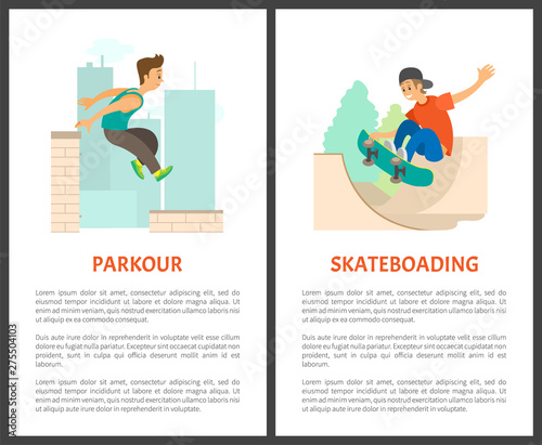 Parkour in city urban lifestyle of male vector, skateboarding person wearing cap. Extreme sports and adrenaline, high skyscrapers in town poster set