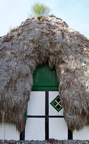 Laesoe / Denmark: Front side of an old half-timbered cottage with seaweed roof