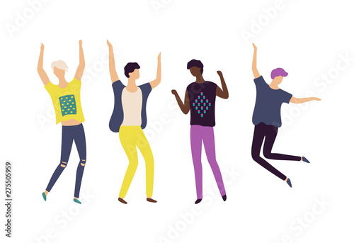 Clubbers spending time in club vector, men having fun dancing and jumping raising hands up. People of different age wearing stylish clothing flat style