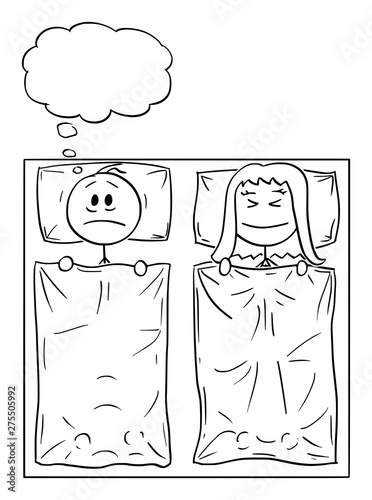 Vector cartoon stick figure drawing conceptual illustration of couple lying in bed, woman is sleeping, man can't sleep, thinking about problem or suffering insomnia.