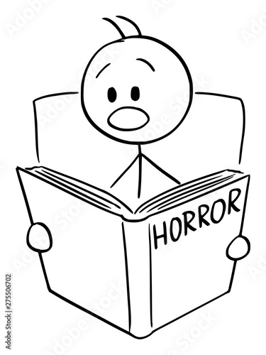 Vector cartoon stick figure drawing conceptual illustration of frightened man reading scary horror book.