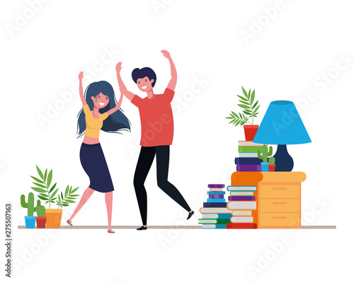 young couple dancing in living room character