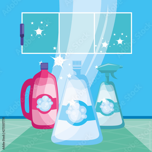housekeeping tools with bottles plastic products