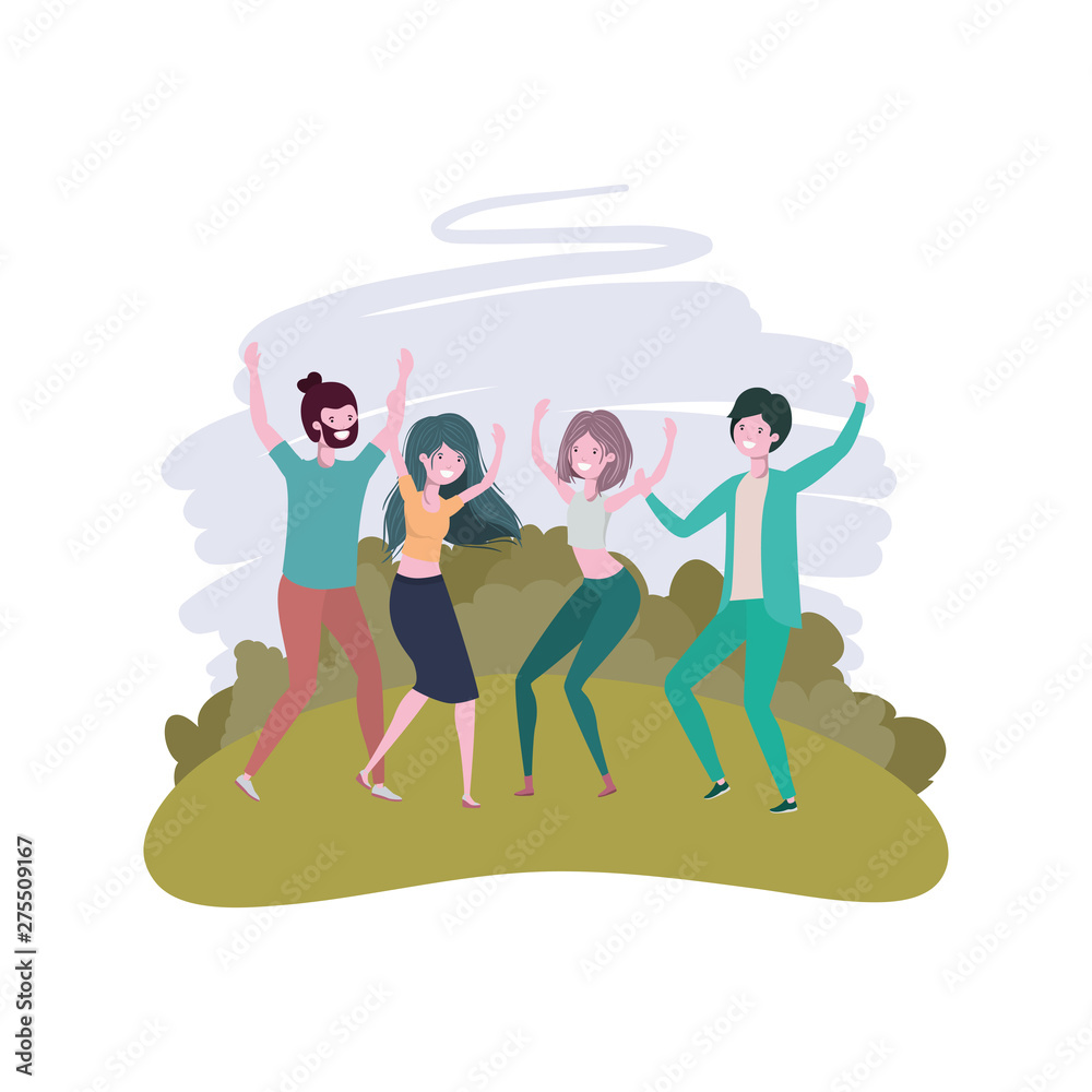 group of people dancing in landscape with trees and plants