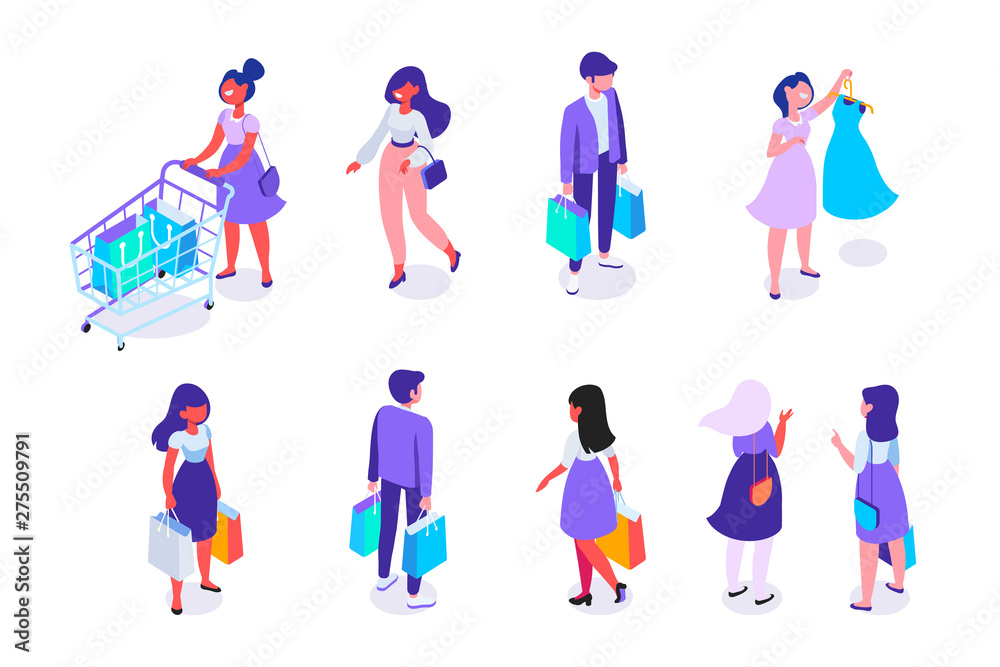 Isometric People vector set. Customers, buyers with shopping bags and shopping cart. Online shopping. Supermarket. Flat vector characters isolated on white