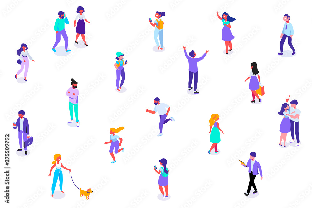 Different isomeric people vector set isolated on white. Walking people.	People crowd.