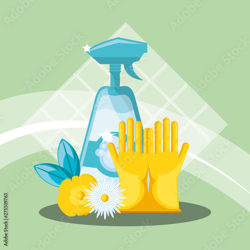housekeeping tools with bottle plastic product and glove