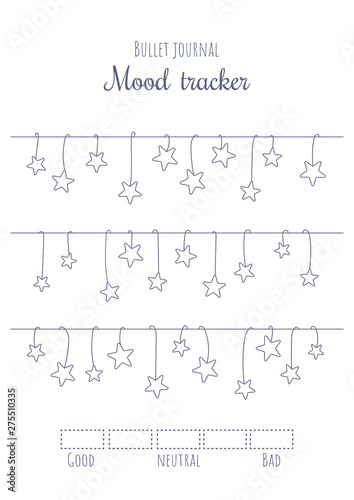 Printable mood tracker with hanging stars. Bullet journal ready to print vector illustration for 31 day of a month. B series paper aspect ratio. Also applicable for A paper series.