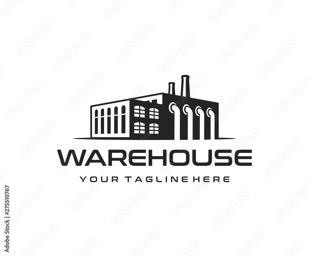 Industrial manufacturing building logo design. Industrial factory and warehouse vector design. Industrial production logotype