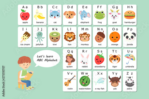 Kawaii English vocabulary and alphabet flash card vector for kids to help learning and education in kindergarten children. Words of letter abc to z ,each card isolated on white background. photo