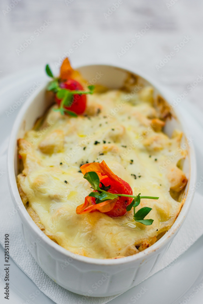 Beautiful baked pancakes with ham and cheese Beautiful baked pancakes with ham and cheese