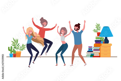 group of people dancing in living room