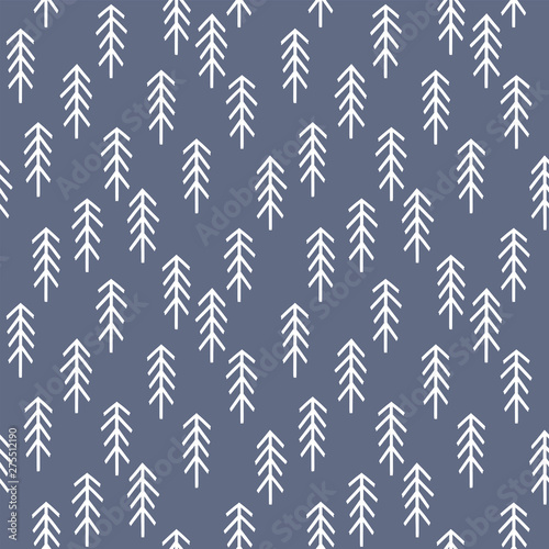 Cute seamless vector background with pine trees in navy blue. Scandinavian style, hand drawn design for baby shower, Birthday, scrapbook, cards, textiles, gift wrapping paper, surface textures.
