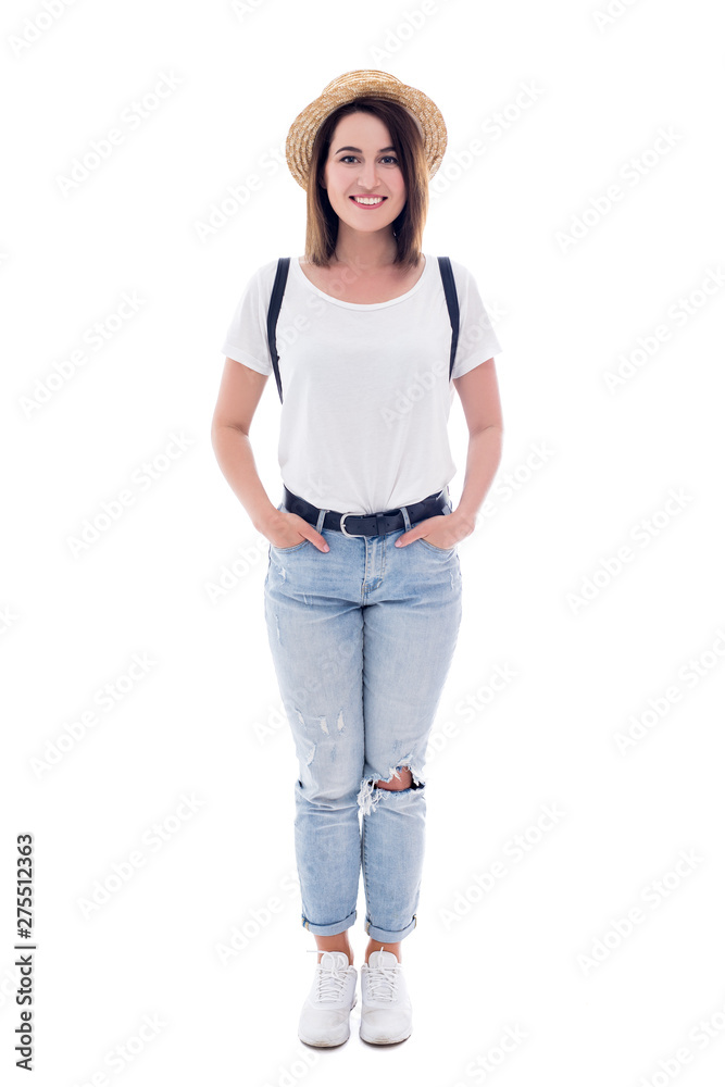 portrait of young beautiful woman tourist in straw hat with backpack isolated on white portrait of young beautiful woman tourist in straw hat with backpack isolated on white