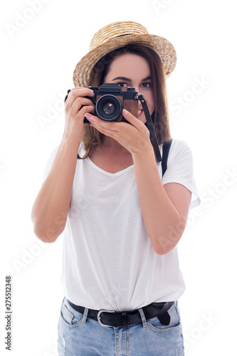 young woman tourist with camera isolated on white