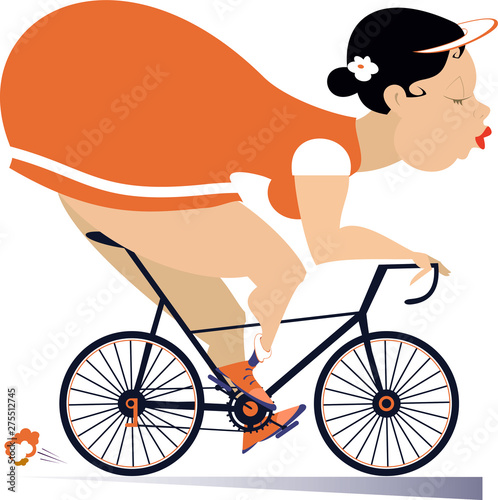Pretty plump young woman rides a bike illustration.   Cartoon sexy fat young woman with big bust and bottoms rides a bike and looks healthy and happy isolated on white illustration 