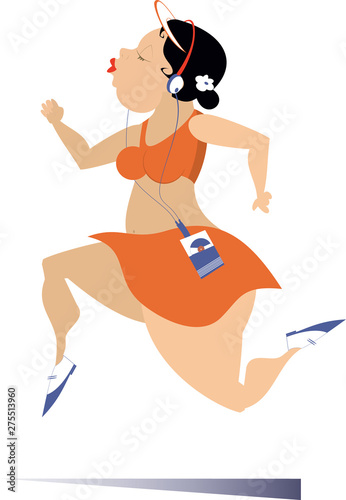 Funny plump young running woman illustration.  Running and listening music cartoon sexy fat young woman with big bust and bottoms looks healthy and happy isolated on white illustration 