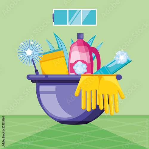 housekeeping tools with with bucket and icons