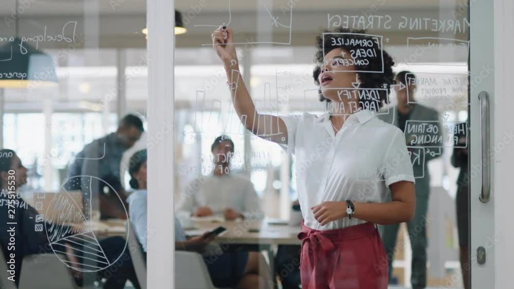young mixed race business woman writing on glass whiteboard team leader training colleagues in meeting brainstorming problem solving strategy sharing ideas in office presentation seminar 4k