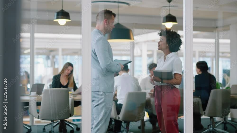 businessman boss shaking hands with intern woman manager giving promotion congratulations for successful performance in corporate office workplace 4k