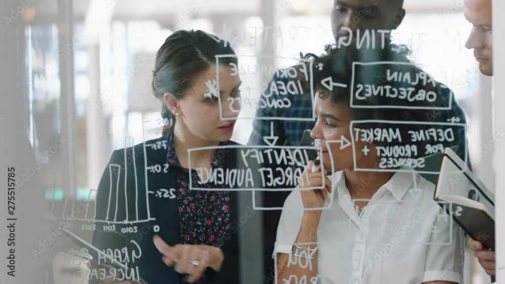 group of business people brainstorming writing ideas on glass whiteboard colleagues working on problem solving solution discussing strategy teamwork in office meeting 4k
