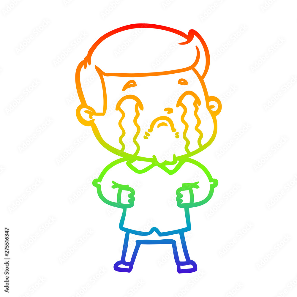 rainbow gradient line drawing cartoon man crying