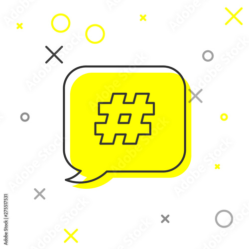Grey line Hashtag speech bubble icon isolated on white background. Concept of number sign, social media marketing, micro blogging. Vector Illustration
