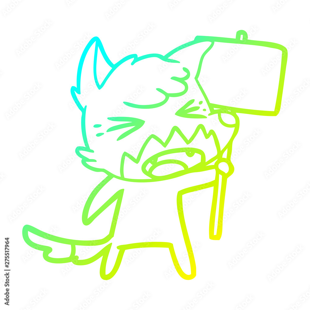 Fototapeta premium cold gradient line drawing angry cartoon fox with sign