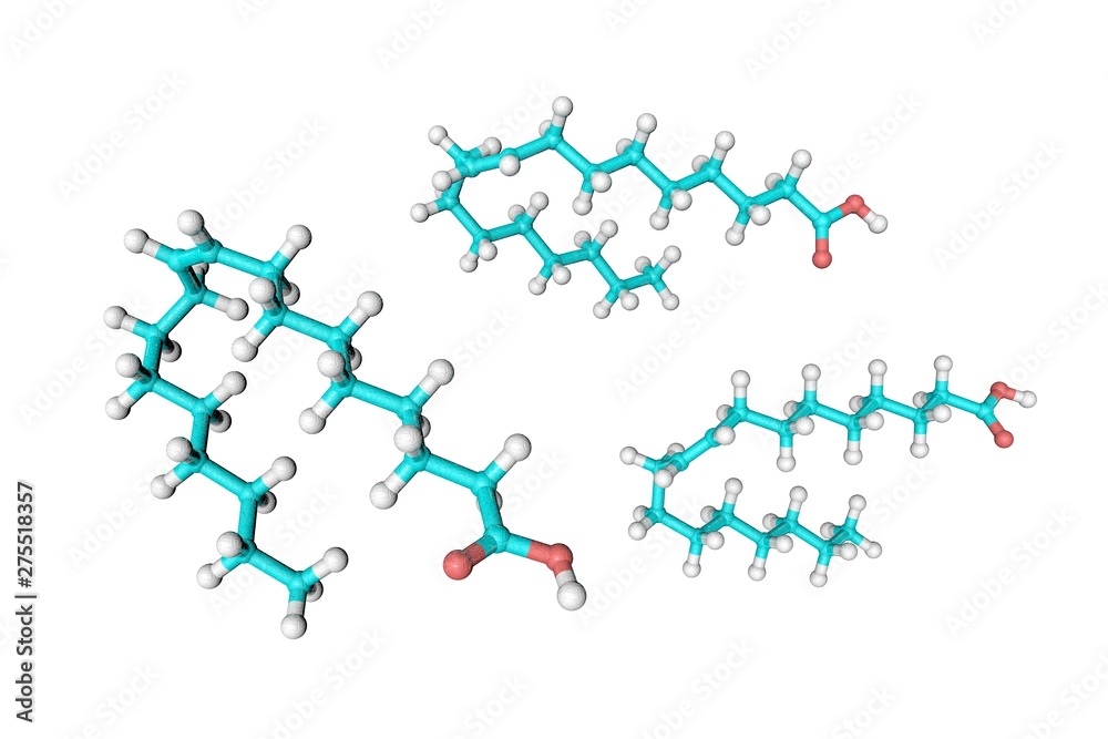 Molecular model of oleic acid. Atoms are represented as spheres with conventional color coding: hydrogen (white), carbon (light blue), oxygen (red). 3d illustration Molecular model of oleic acid. Atoms are represented as spheres with conventional color coding: hydrogen (white), carbon (light blue), oxygen (red). 3d illustration