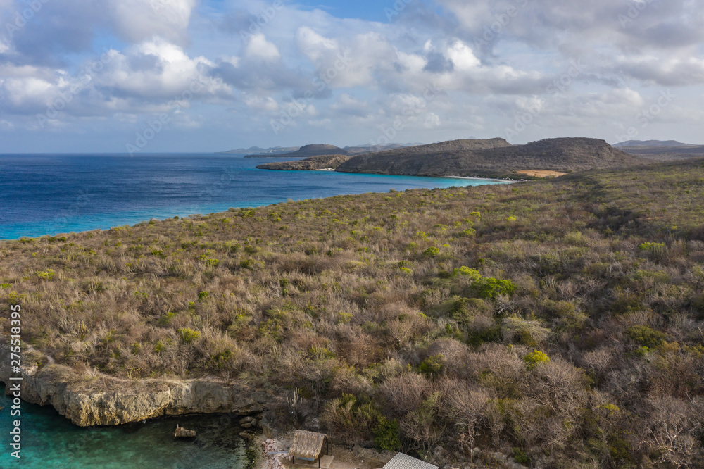 Aerial view over beach Playa Daaibooi on the western side of  Curaçao/Caribbean /Dutch Antilles