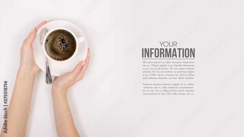 The cup of coffee espresso americano spoon in hand, sample text on white background isolation top view