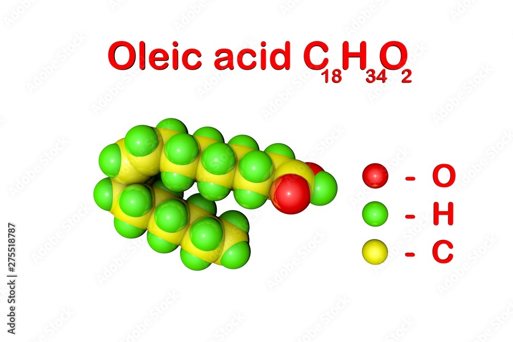 Structural chemical formula and molecular model of oleic acid. It is a  monounsaturated fatty acid that occurs in various animal and vegetable fats  and oils. 3d illustration Stock Illustration | Adobe Stock