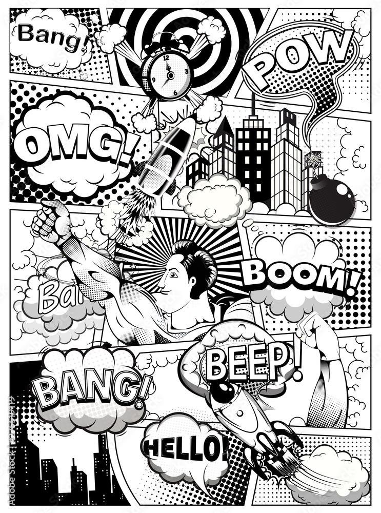Obraz premium Black and white comic book page divided by lines with speech bubbles, rocket, superhero hand and sounds effect. Vector illustration