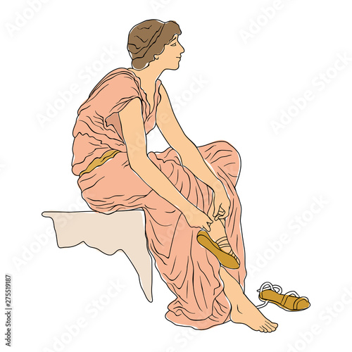 An ancient Greek young woman sits and takes off her sandals. Vector image isolated on white background.