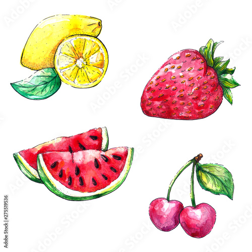 Fototapeta Naklejka Na Ścianę i Meble -  Hand drawn illustration isolated on white background. Watercolor set of fruits and berries. Design for menus, prints, postcards