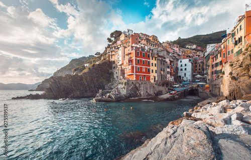 Beautiful small Italian village. Sunset landscape at Riomaggiore