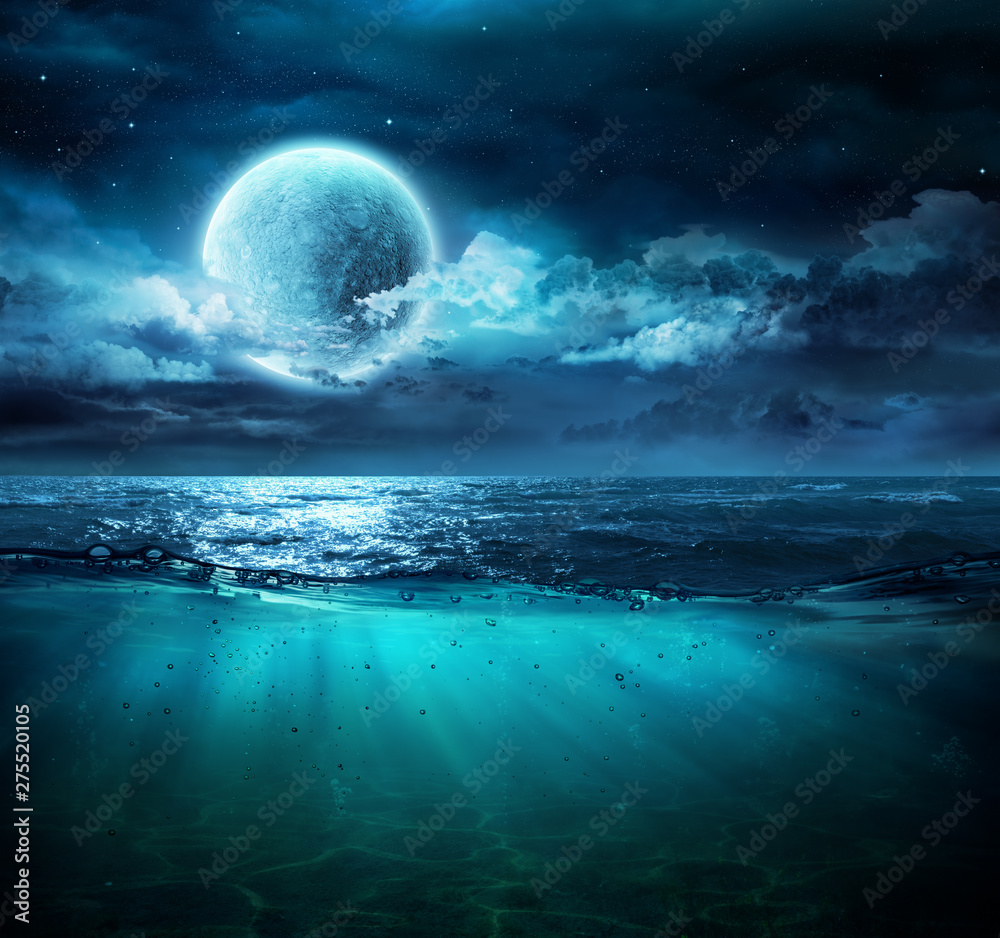 Moon On Sea In Magic Night With Underwater Scene Stock Illustration