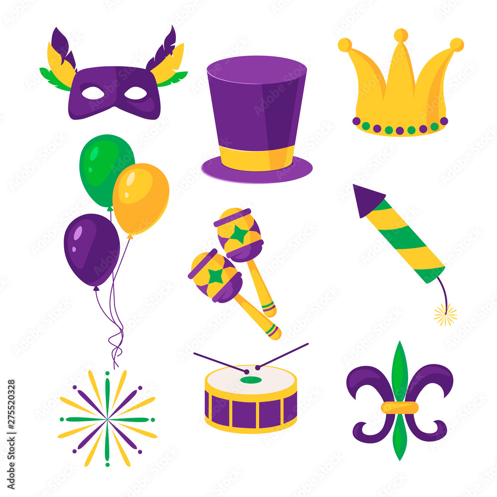 Vecteur Stock Mardi Gras carnival set icons, design element , cartoon  style. Collection Mardi Gras, mask with feathers, beads, joker, party  decorations. Vector illustration, clip art | Adobe Stock