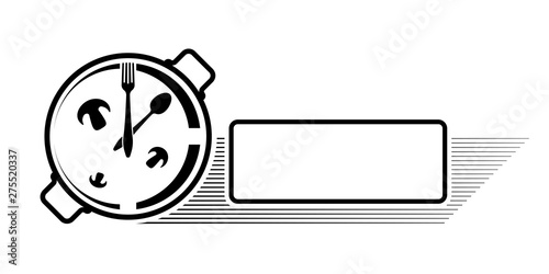 Logo of a cafe or restaurant. Emblem for menu or advertising. Clock in the form of a pan with a spoon and fork.