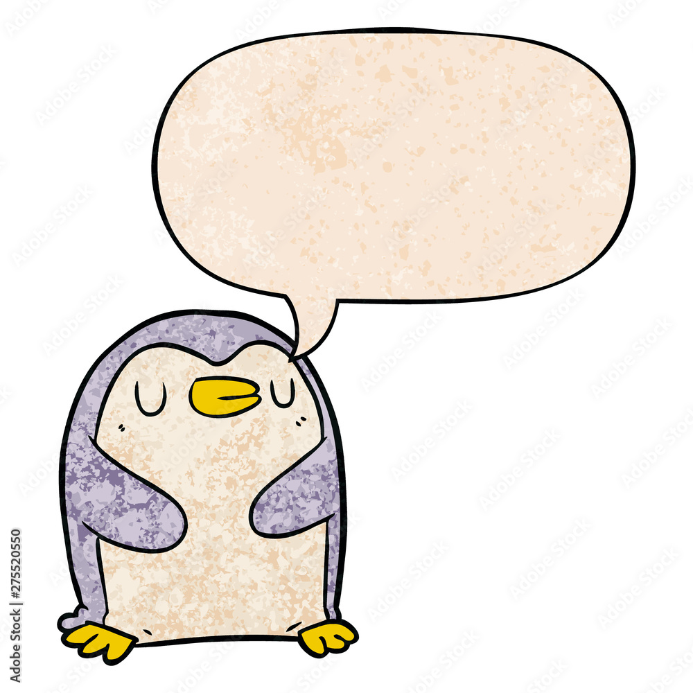 cartoon penguin and speech bubble in retro texture style