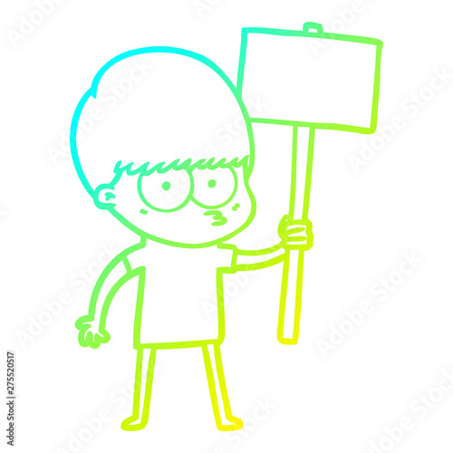 cold gradient line drawing nervous cartoon boy holding placard