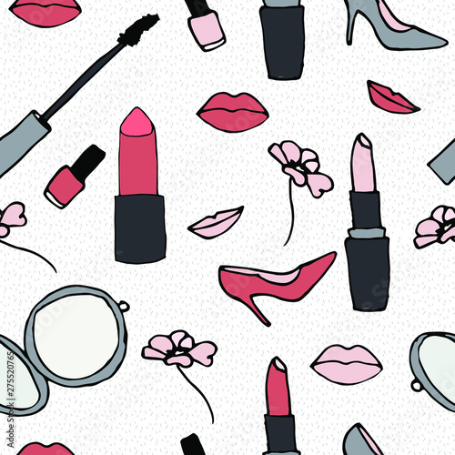 seamless vector pattern lipstick mascara and female accessories doodle