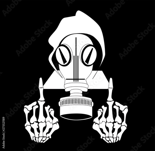 Skull icon with gas mask and middle finger up, Chernobyl radiation
