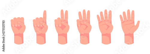 Hand count. Flat finger and number isolated on white background. Vector set of nonverbal sign - fist, victory, pointing up. One, two, three, four, five hand character.