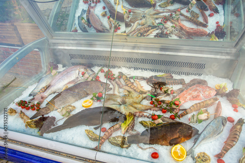 Showcase fridge with fresh fish, octopus, shrimp, oysters laying on ice offered to buy